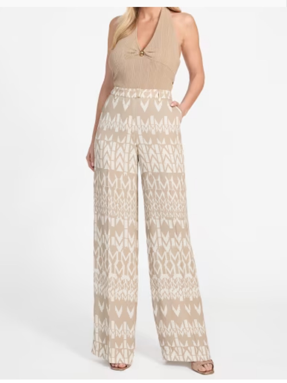 Marciano Beige Patterned Wide-Leg Pants - Size L (8)